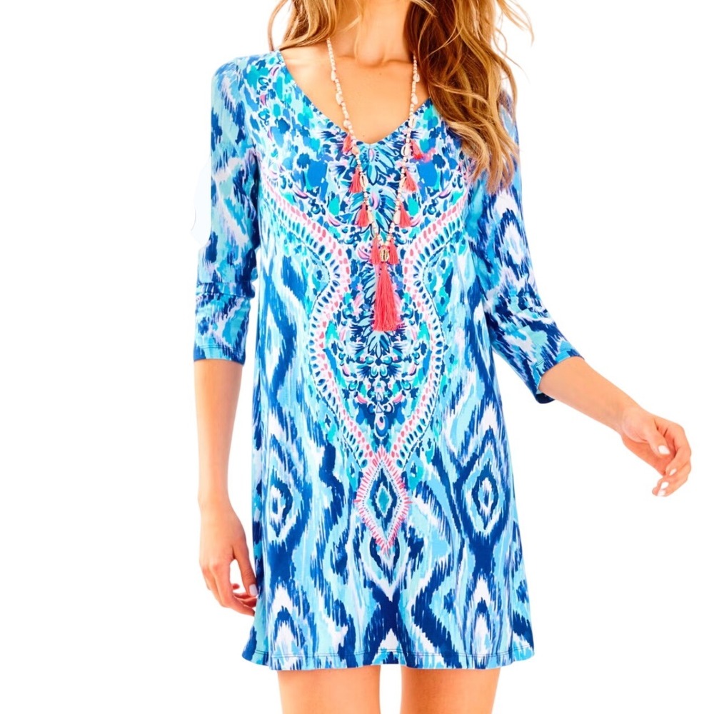 Lilly Pulitzer Ophelia Dress Large Blue  Swish Skipped a Beach Engineered  Beach